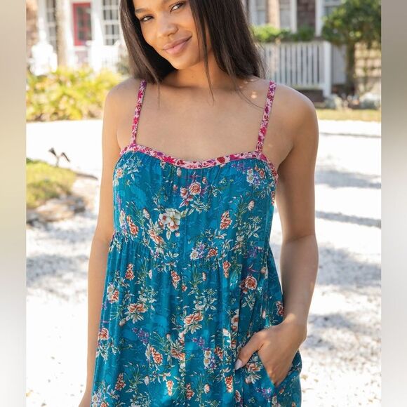 Natural Life NEW Stephanie Jumpsuit Turquoise Roses Floral Wide Leg Boho Size M - Picture 3 of 7